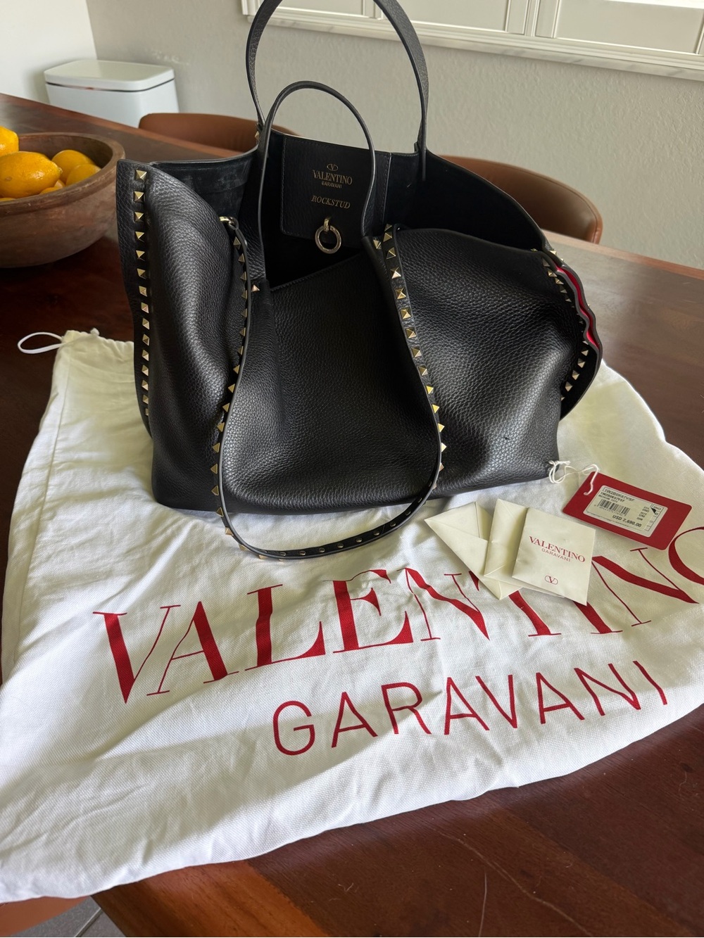 Valentino Garavani Black Rockstud Leather Tote with Gold Accents